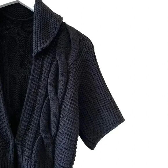 Black Knit Open Front Tie Snap Button Closure ¾ Sleeves Sweater Women’s Cardigan - Picture 10 of 13